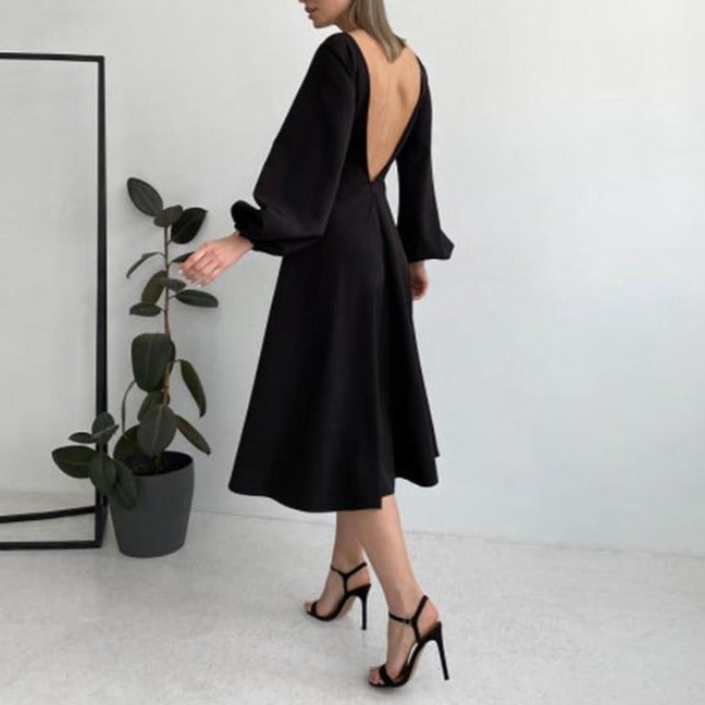 Sexy Backless Midi Long Dresses Lantern Sleeve O-Neck Autumn Folds A-Line For Women - MERGE.DAY.1.FREESTYLE