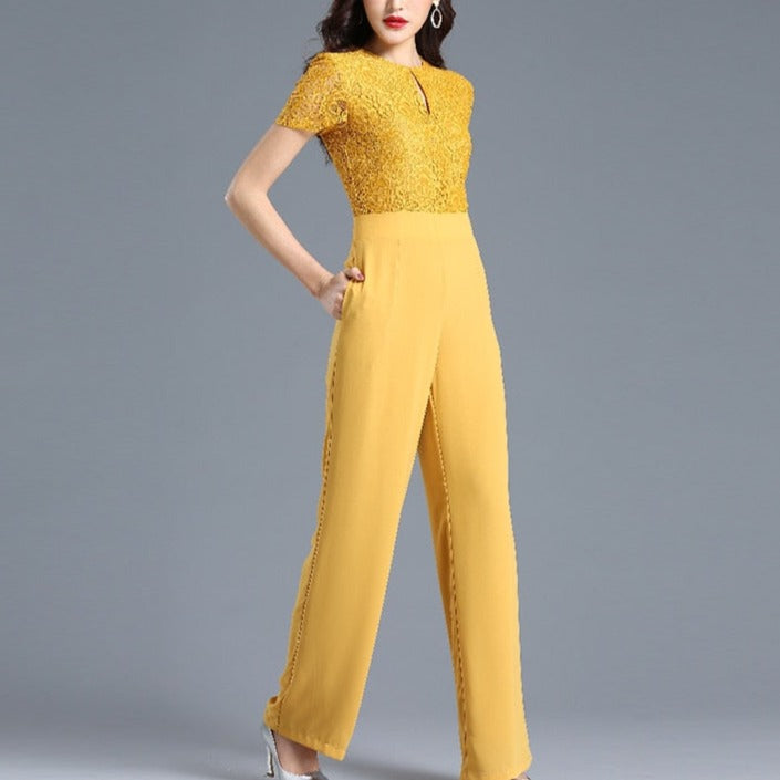 Lace Jumpsuit for Women 2022 Summer Short Sleeve Chiffon Wide Leg Rompers - MERGE.DAY.1.FREESTYLE