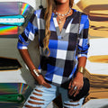 T-shirt Plaid Printed V-neck Long Sleeve Top Casual Loose Large Size Ladies T-shirt - MERGE.DAY.1.FREESTYLE