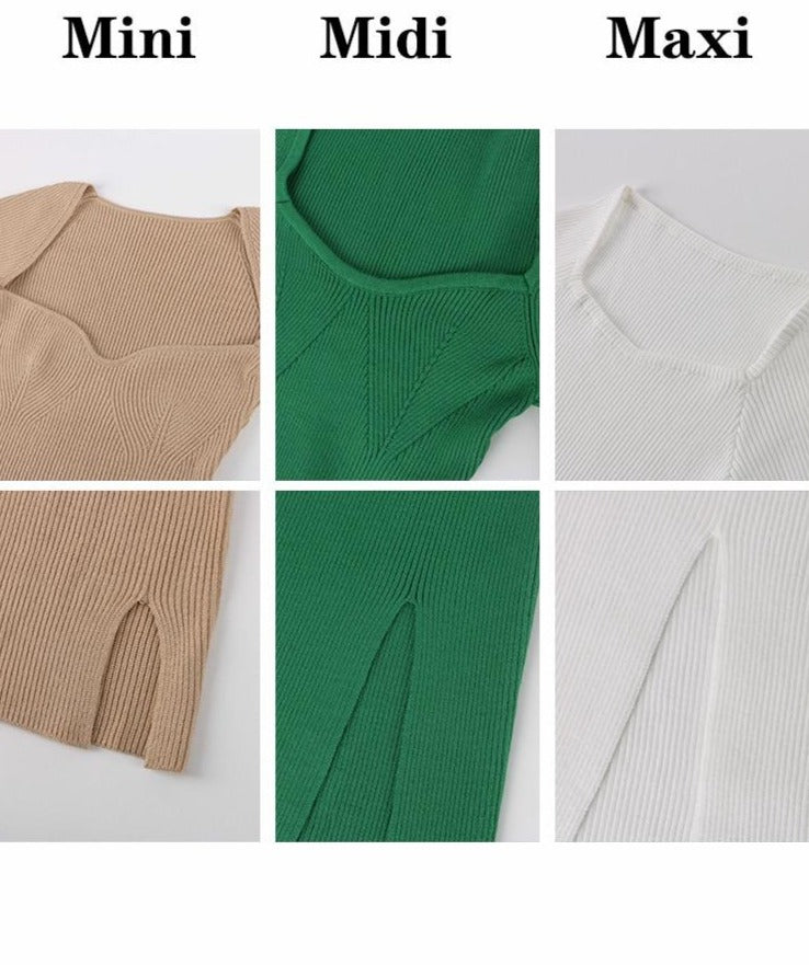 2022 Knitted Green Midi Sexy Bodycon Women Dress Spring Long Sleeve Off Shoulder Split Sweater Dresses - MERGE.DAY.1.FREESTYLE