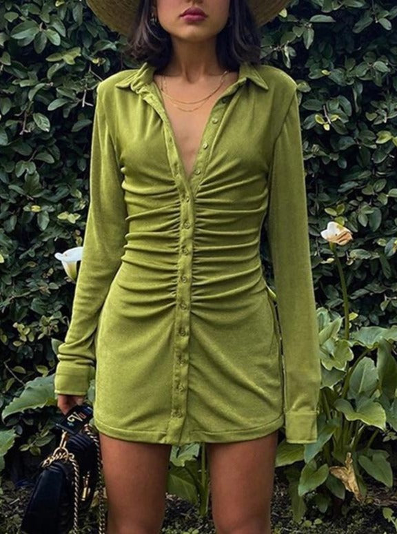 Autumn Ruched Long Sleeve Bodycon Dress Women Turn-Down Collar Sexy Mini Dress Vestidos 2022 - MERGE.DAY.1.FREESTYLE
