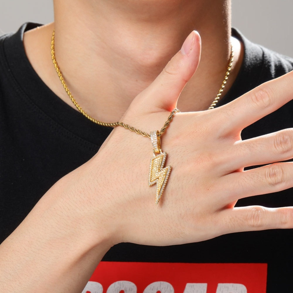 Iced Out Bling Lightning Pendants With Tennis Chain Copper Material Men's Hip Hop Jewelry Gift - MERGE.DAY.1.FREESTYLE