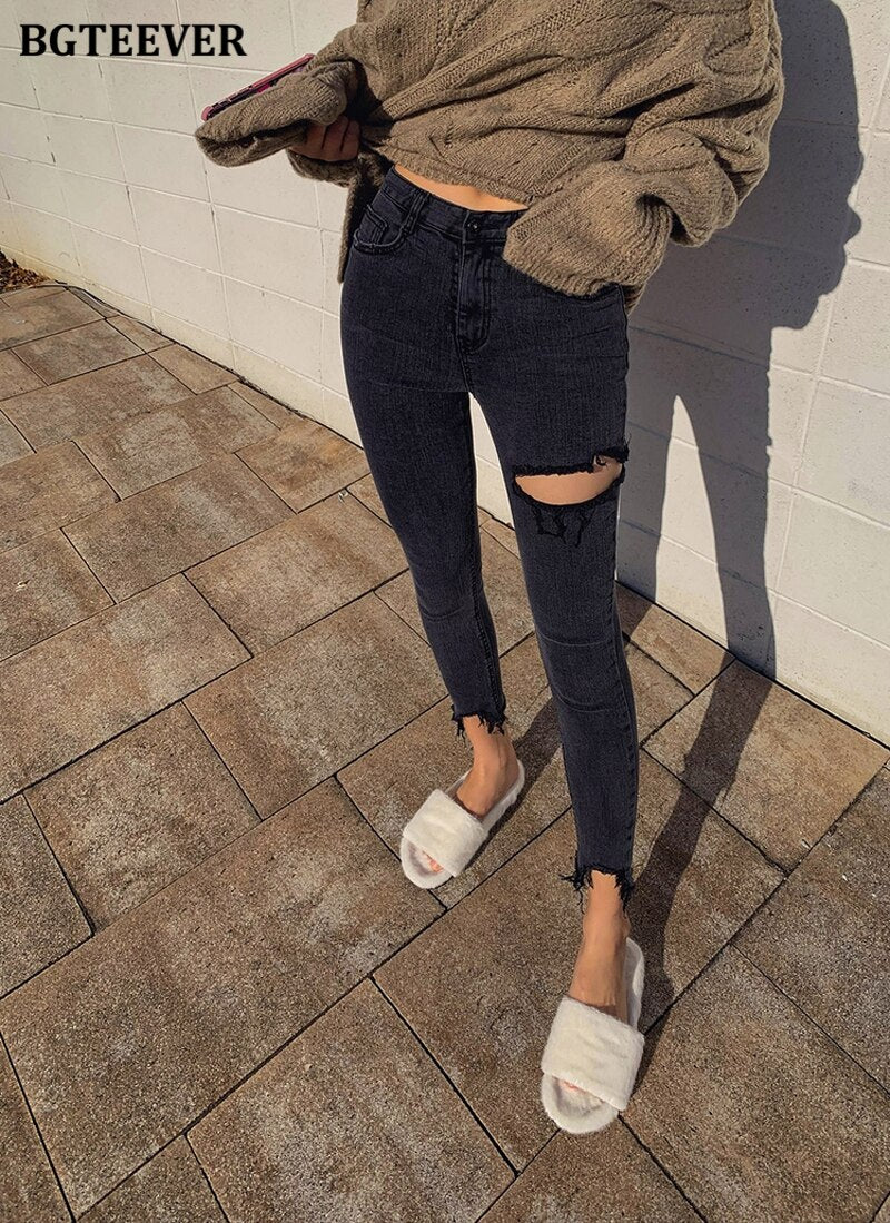 Irregular Ripped Holes Women Pencil Denim Jeans Stylish High Waist Stretched - MERGE.DAY.1.FREESTYLE