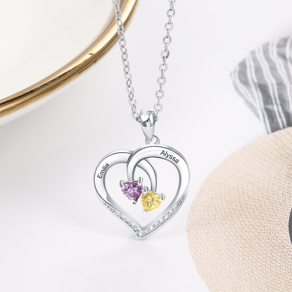 Personalized Heart Necklace with 2 Birthstones Engraved Name Couple Necklace - MERGE.DAY.1.FREESTYLE