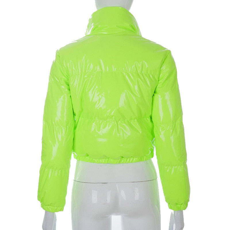 Faux PU Leather Y2K Bubble Puffer Winter Warm Jacket Women Long Sleeve Coats - MERGE.DAY.1.FREESTYLE