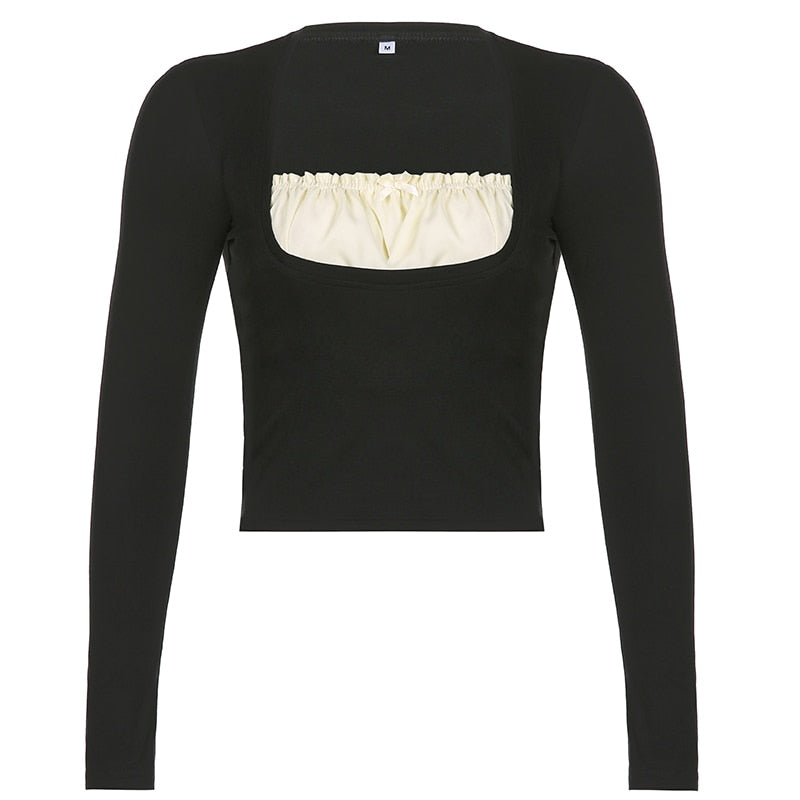 Patchwork Slim Tops Tee Long Sleeves Square Collar Retro Casual Tshirts - MERGE.DAY.1.FREESTYLE