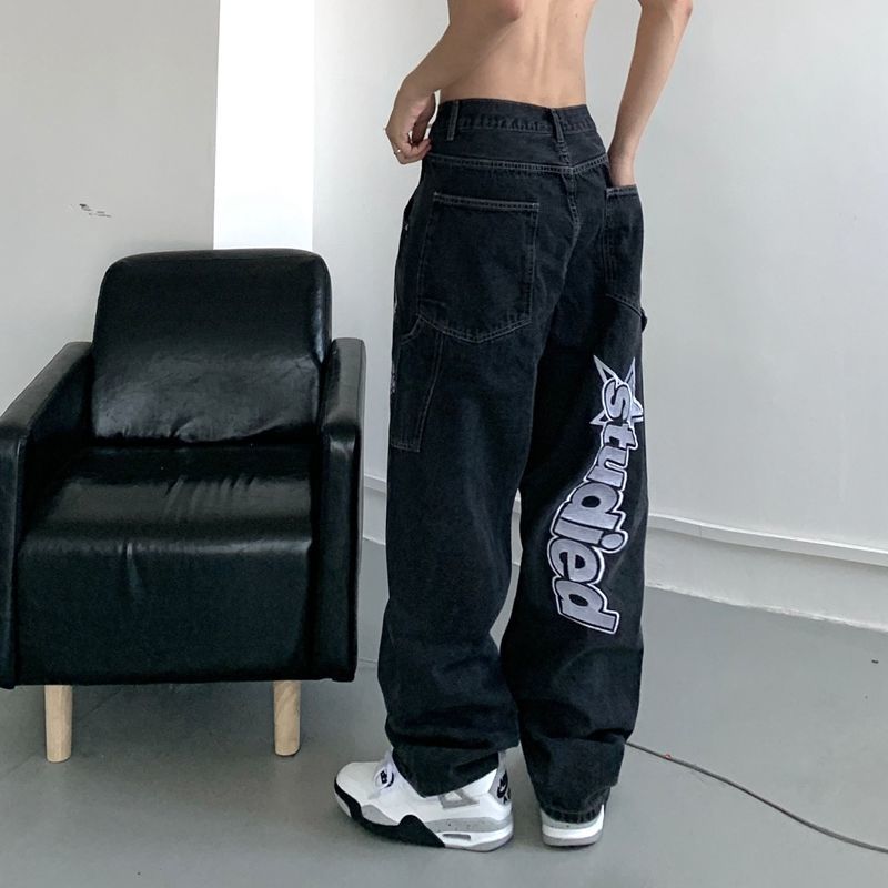 retro hip-hop letter embroidery jeans loose straight-leg pants wide-leg pants for men and women couples - MERGE.DAY.1.FREESTYLE