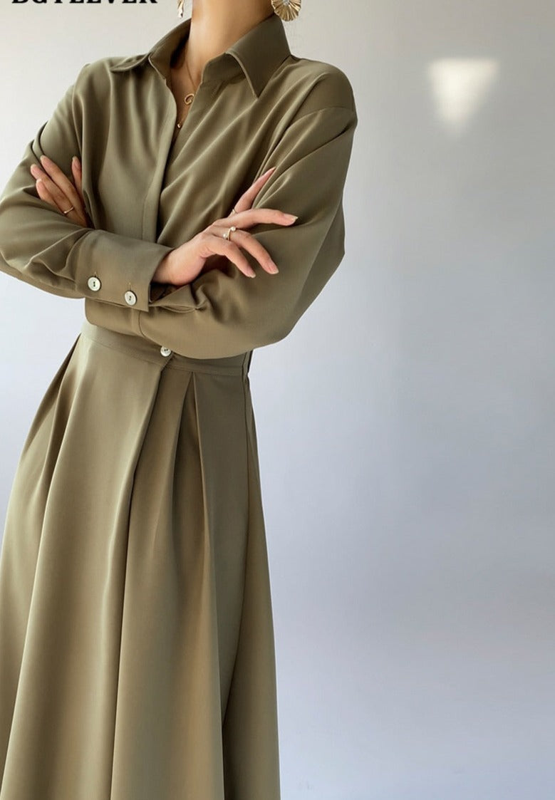 Turn-down Collar Women A-line Dress Long Sleeve Slim Waist Vestidos - MERGE.DAY.1.FREESTYLE