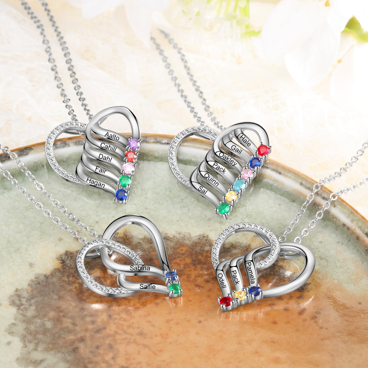 Personalized Family Heart Pendant Necklace with 2-6 Birthstones Name Necklace - MERGE.DAY.1.FREESTYLE
