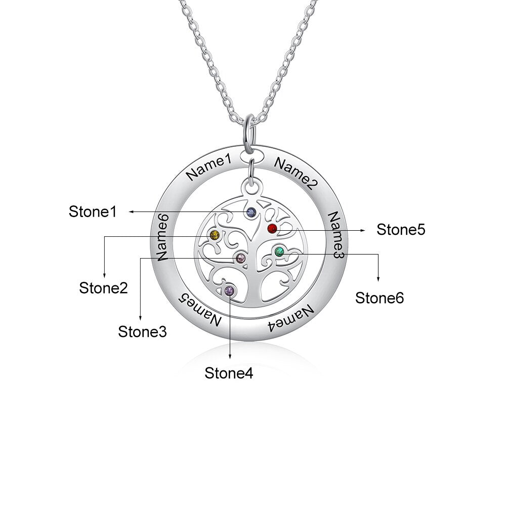 Tree of Life Name Necklace with Birthstone Name Engraved Pendant Family - MERGE.DAY.1.FREESTYLE