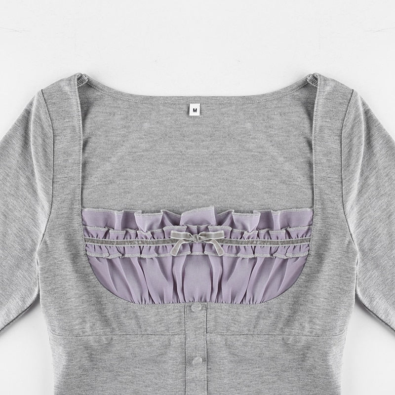 Sweet Cute Crop Top Lace Frill Bow Pullovers Vintage Square Collar T Shirt - MERGE.DAY.1.FREESTYLE