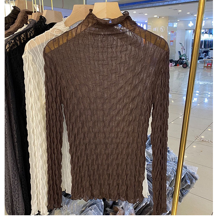 Women Lace Mesh High Collar Bottom T-shirts Female Long Sleeve Casual Style Tight Thin Tops - MERGE.DAY.1.FREESTYLE