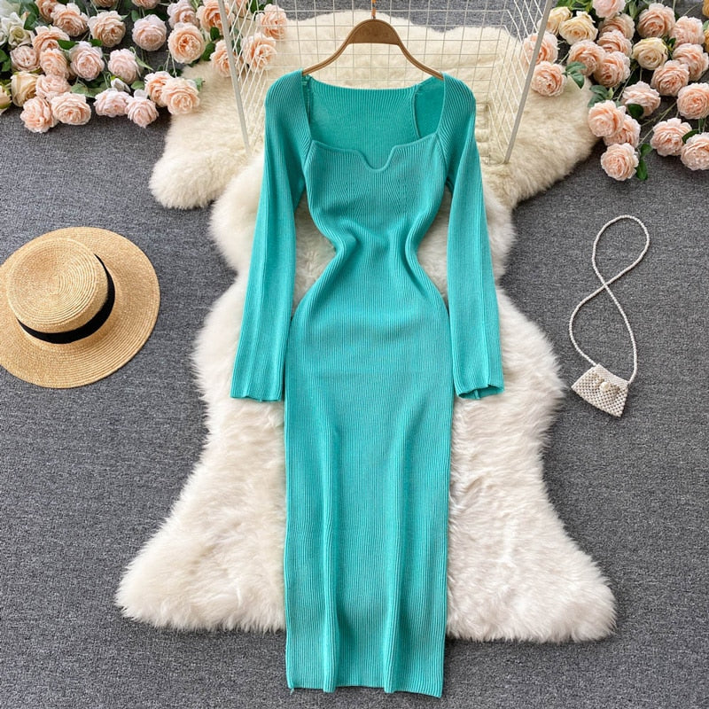 Strapless Ribbed Knitted Bodycon Dress Women Winter Long Sleeve Midi Sweater Dress - MERGE.DAY.1.FREESTYLE