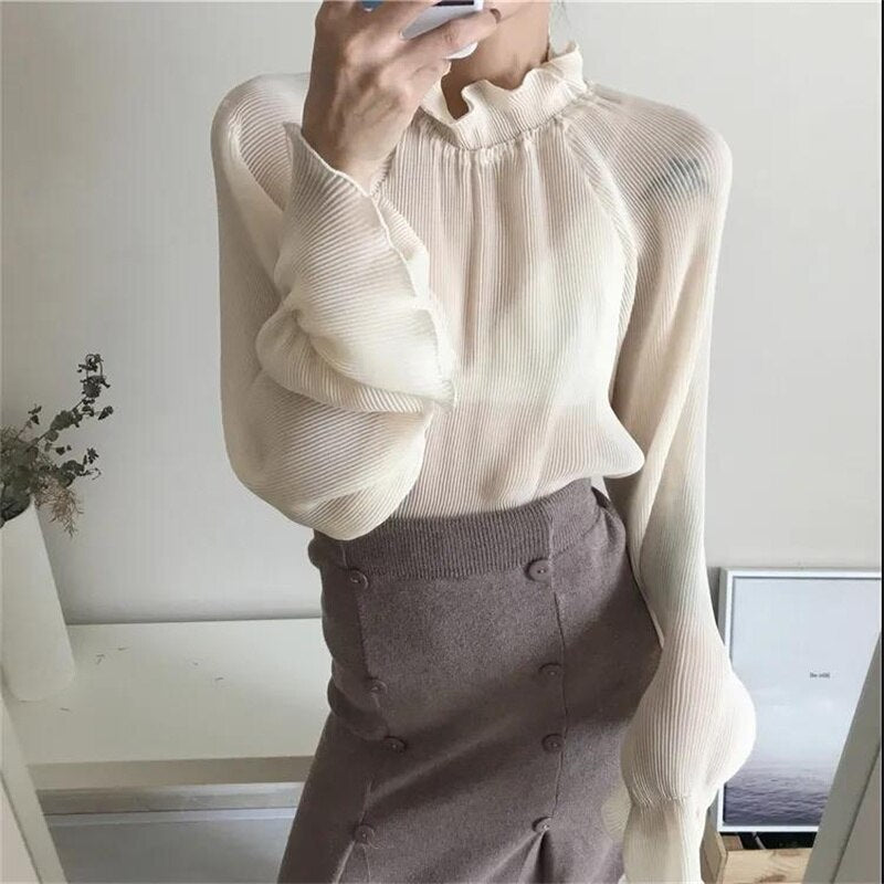 Chiffon Shirts Retro Elegant Ruffled Collar Lace Bottoming Shirt Women Lantern Sleeve Tops - MERGE.DAY.1.FREESTYLE