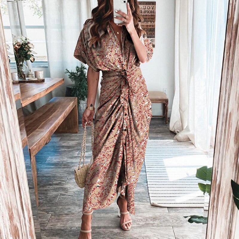 Women Summer Short Sleeve Slit Long Dress Turn-down Collar Elegant Button Draped Party Dresses - MERGE.DAY.1.FREESTYLE