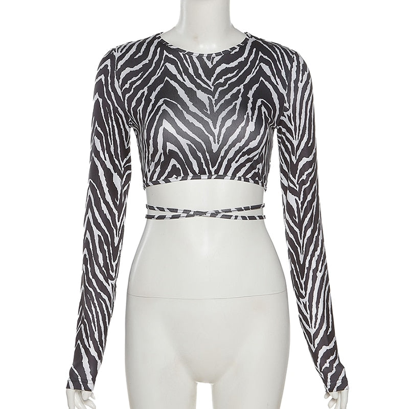 Leopard Zebra Printed Sexy Backless Lace ups Pullover Tees Women O-neck Slim Longsleeve Short T-Shirt - MERGE.DAY.1.FREESTYLE
