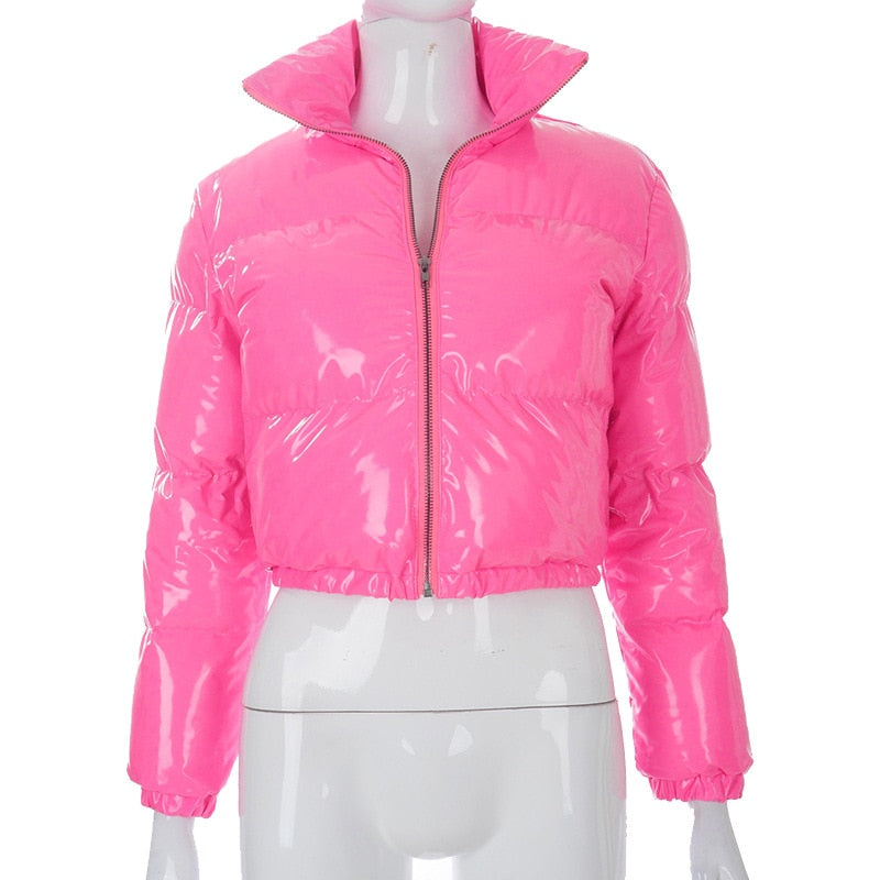Faux PU Leather Y2K Bubble Puffer Winter Warm Jacket Women Long Sleeve Coats - MERGE.DAY.1.FREESTYLE