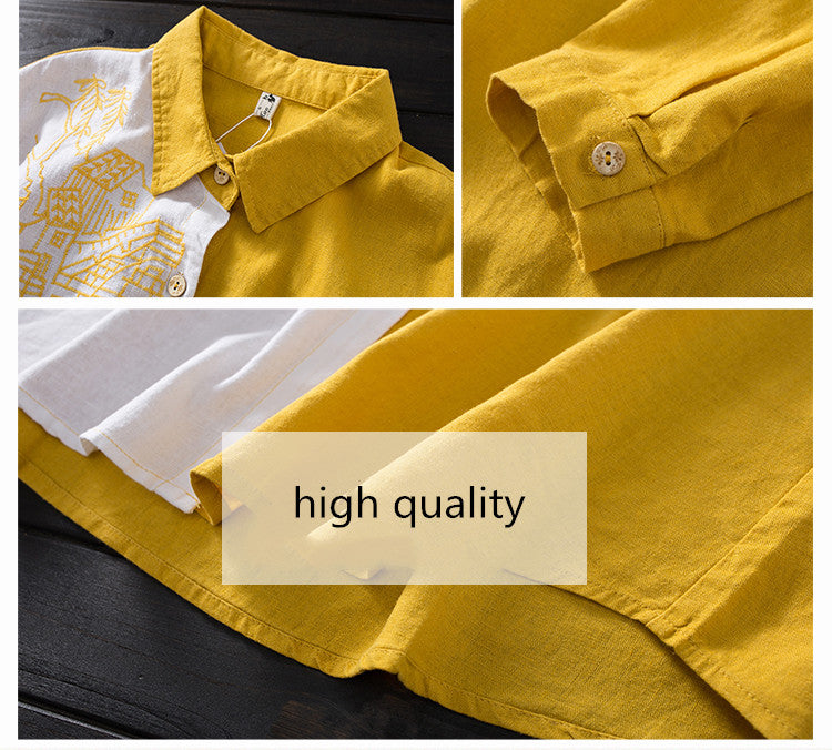 Women Cotton Linen Embroidery Blouse Long Sleeve Patchwork Color Top - MERGE.DAY.1.FREESTYLE