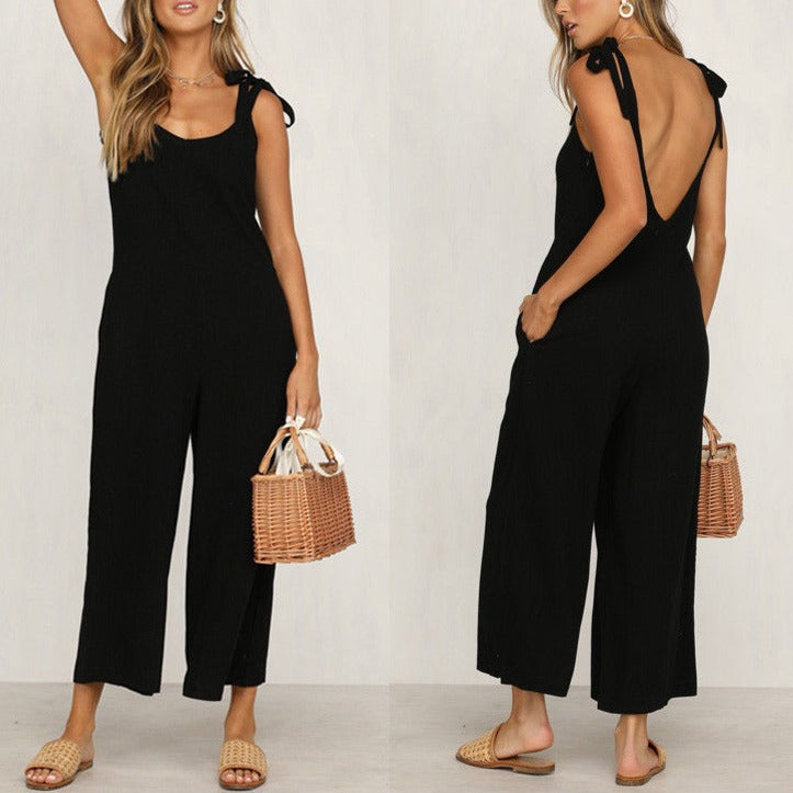 Women Sleeveless Rompers Loose Jumpsuit O Neck Casual Backless Overalls Trousers Wide Leg Pants - MERGE.DAY.1.FREESTYLE