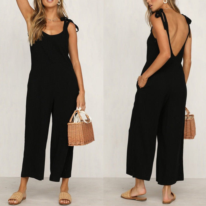 Women Sleeveless Rompers Loose Jumpsuit O Neck Casual Backless Overalls Trousers Wide Leg Pants - MERGE.DAY.1.FREESTYLE