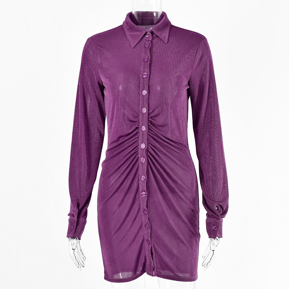 Autumn Ruched Long Sleeve Bodycon Dress Women Turn-Down Collar Sexy Mini Dress Vestidos 2022 - MERGE.DAY.1.FREESTYLE