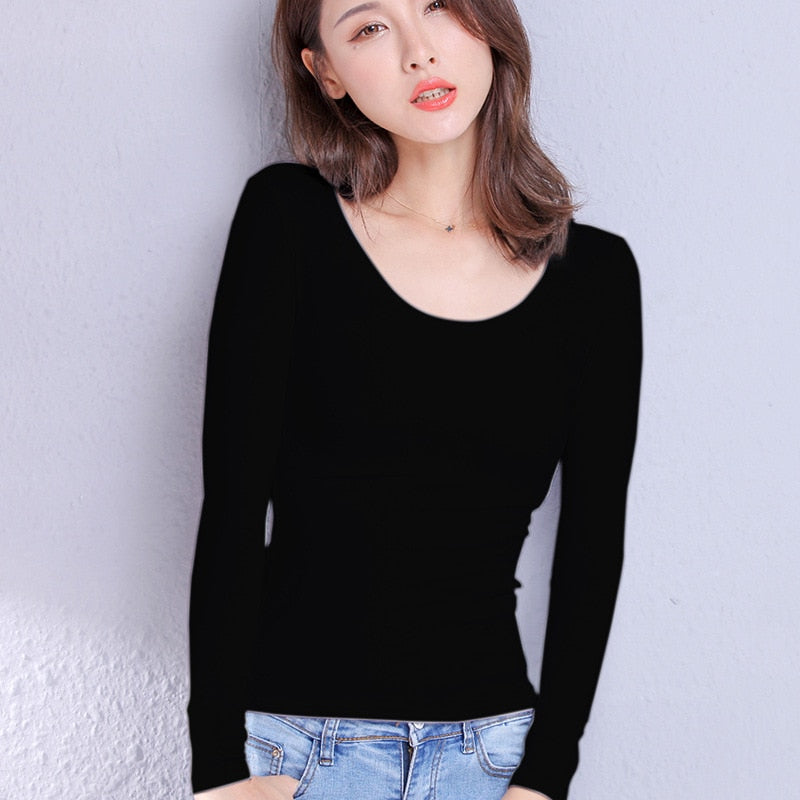 Cotton Women's T-shirt Long-sleeved Solid Color Women T-shirts Leisure Woman T shirt - MERGE.DAY.1.FREESTYLE