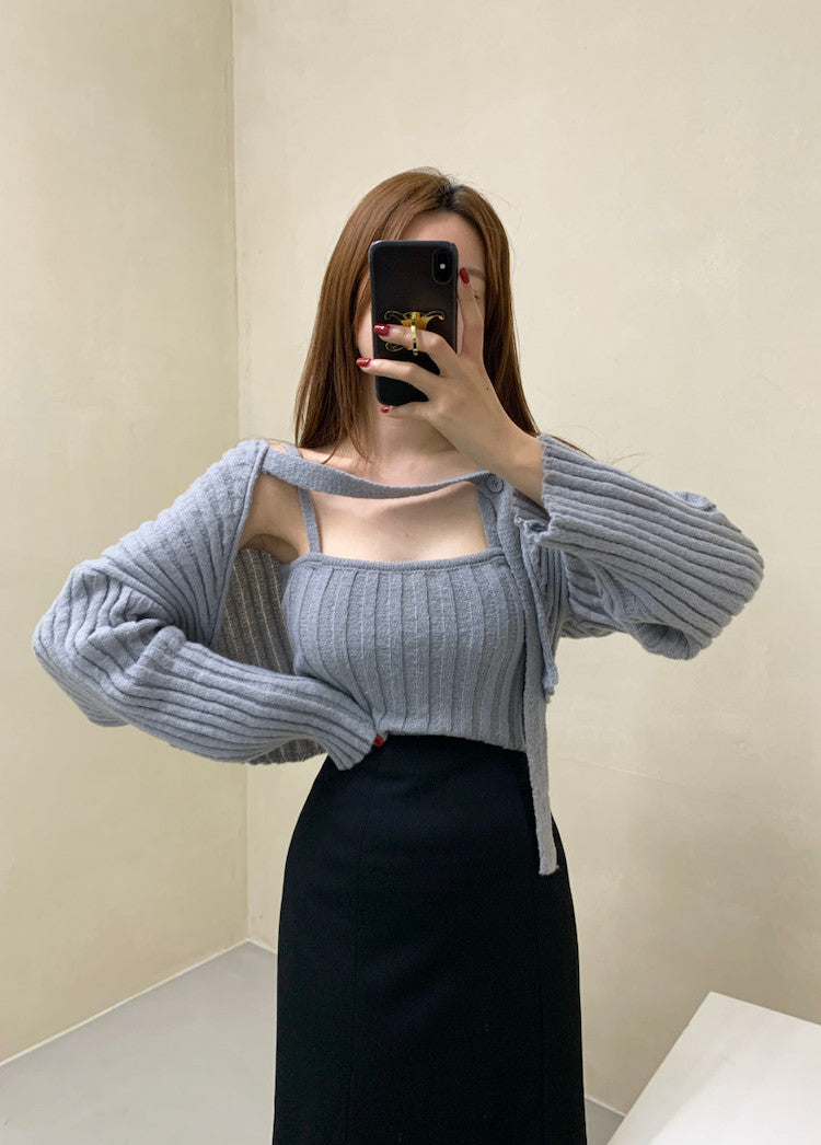 Camisole Knitted Cardigans Women Two Piece Sets 2021 Autumn Sweater Jacket Woman - MERGE.DAY.1.FREESTYLE