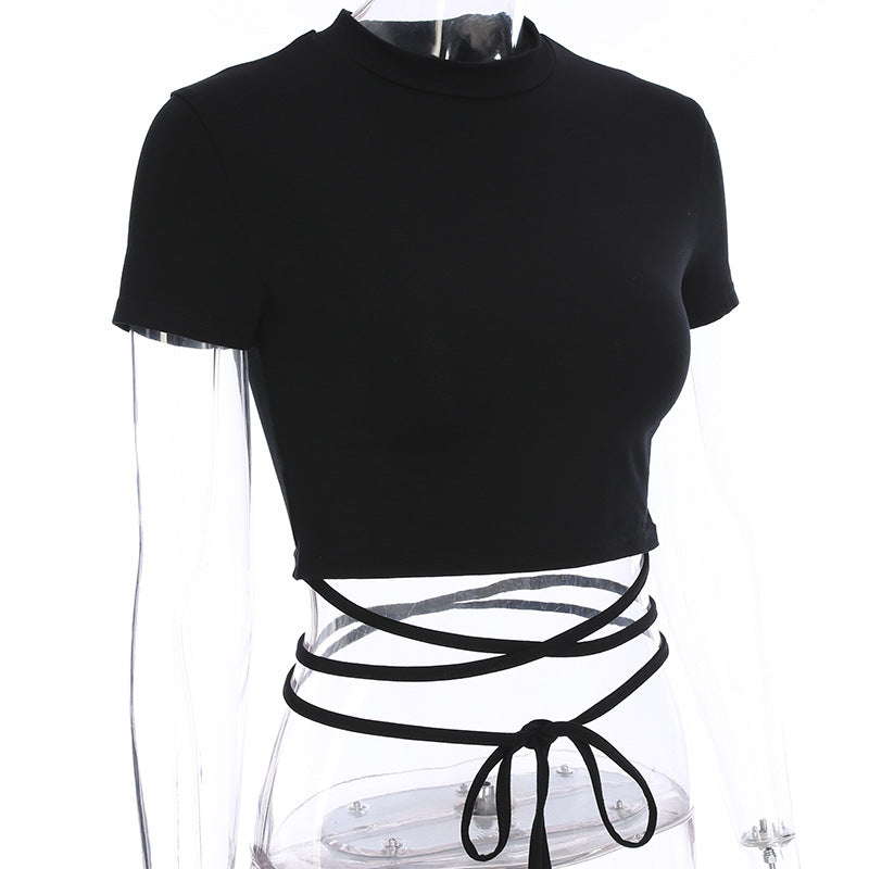Summer Women Black Short T-Shirts Sexy Crop Tops Short Sleeve Bandage Tee Tops Female Shirts - MERGE.DAY.1.FREESTYLE