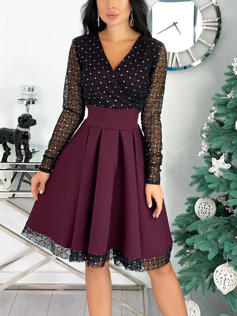 Shiny Sequin Diamond Mesh Stitching Dress Women Spring Autumn Sheer Long Sleeve Belted Slim A Line Dresses - MERGE.DAY.1.FREESTYLE