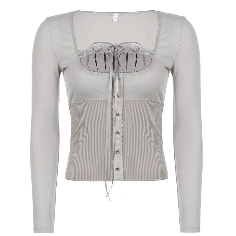 Sweet Cute Crop Top Lace Frill Bow Pullovers Vintage Square Collar T Shirt - MERGE.DAY.1.FREESTYLE