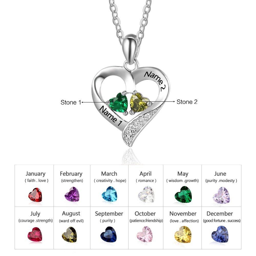 925 Sterling Silver Name Necklace with 2 Birthstones Custom Engraved Heart Pendant - MERGE.DAY.1.FREESTYLE
