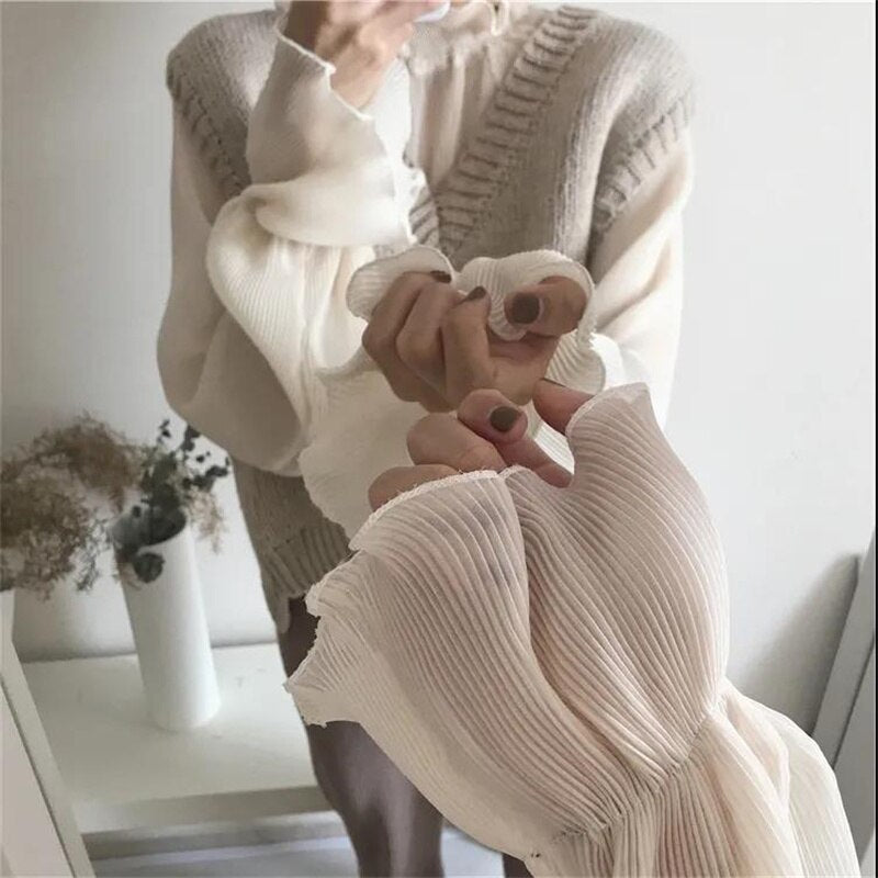 Chiffon Shirts Retro Elegant Ruffled Collar Lace Bottoming Shirt Women Lantern Sleeve Tops - MERGE.DAY.1.FREESTYLE