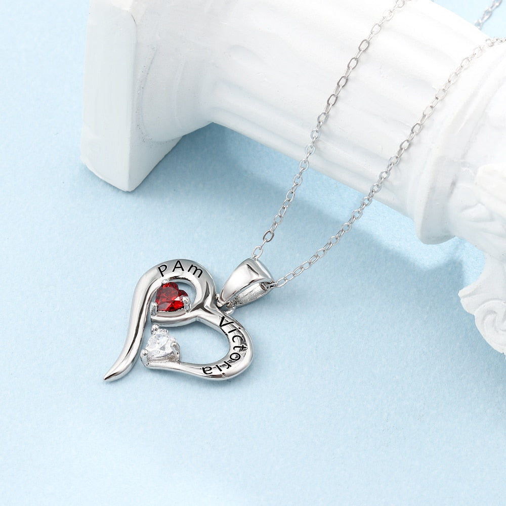 925 Sterling Silver Heart Necklace with 2 Birthstones Custom Engrave Name Pendant - MERGE.DAY.1.FREESTYLE