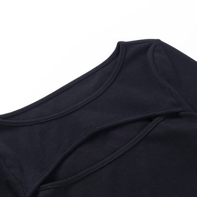 Sexy Hollow Out Slim Fit Long Sleeve Casual Round Neck Shirt Solid Black Tops T Shirt - MERGE.DAY.1.FREESTYLE