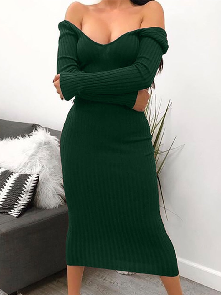 Sexy Bodycon Midi Woman Dress Knitted Long Sleeve V Neck Party Elegant Robe Women's Dresses - MERGE.DAY.1.FREESTYLE