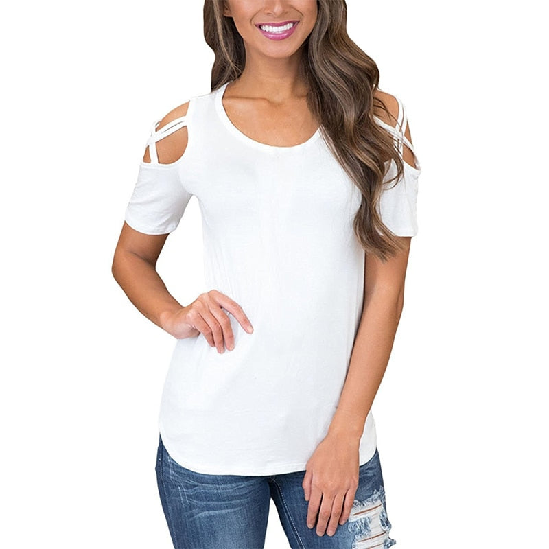 Solid Short Sleeve T-shirts Women Casual Off the Shoulder Tees Tops Female Basic Tshirts - MERGE.DAY.1.FREESTYLE