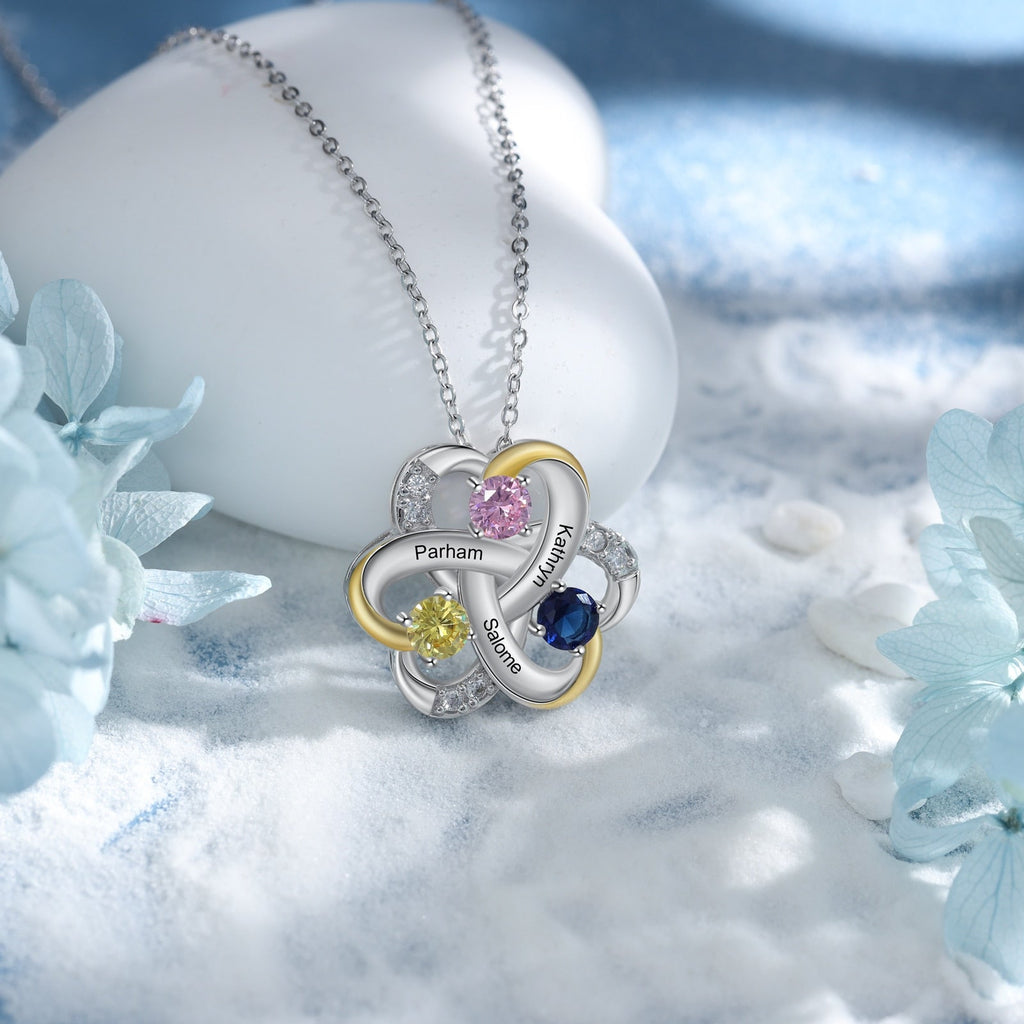 Personalized 3 Names Necklace Birthstone Engraved Flower Pendants - MERGE.DAY.1.FREESTYLE