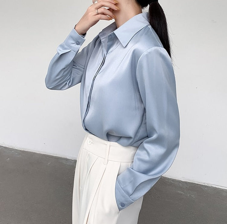 Spring Loose Women Satin Blouses Long Sleeve Single-breasted Female Shirts Top - MERGE.DAY.1.FREESTYLE