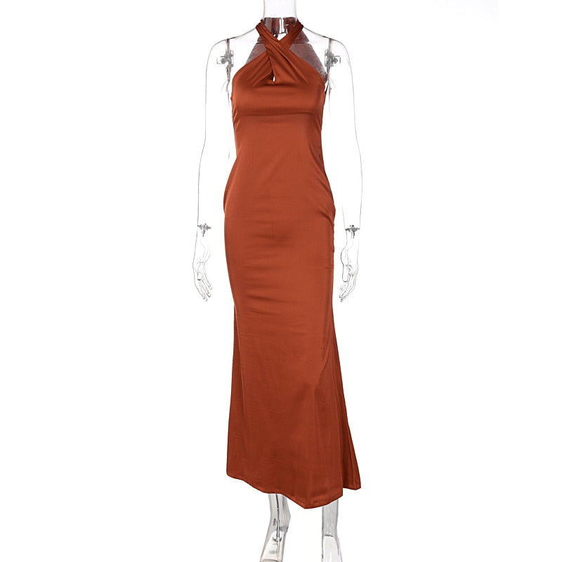 Solid Satin Halter Sleeveless Slim Bodycon Maxi Dress - MERGE.DAY.1.FREESTYLE