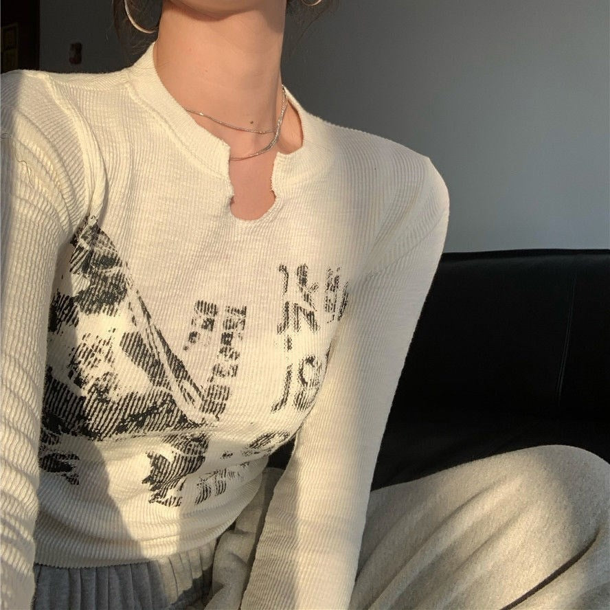 Knitted Crop Top Vintage Aesthetic Letter Printed Long Sleeve T-Shirts Sexy Slim Fit Tee Tops - MERGE.DAY.1.FREESTYLE