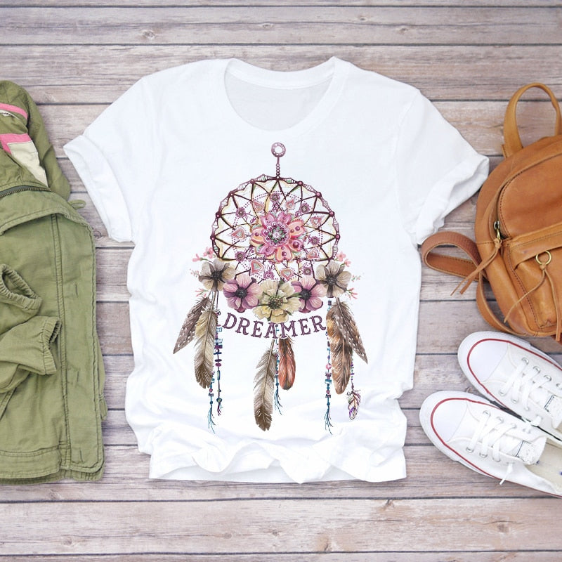 Dream Feather Print Summer Short Sleeve T-Shirts Top Graphic Plue Size - MERGE.DAY.1.FREESTYLE