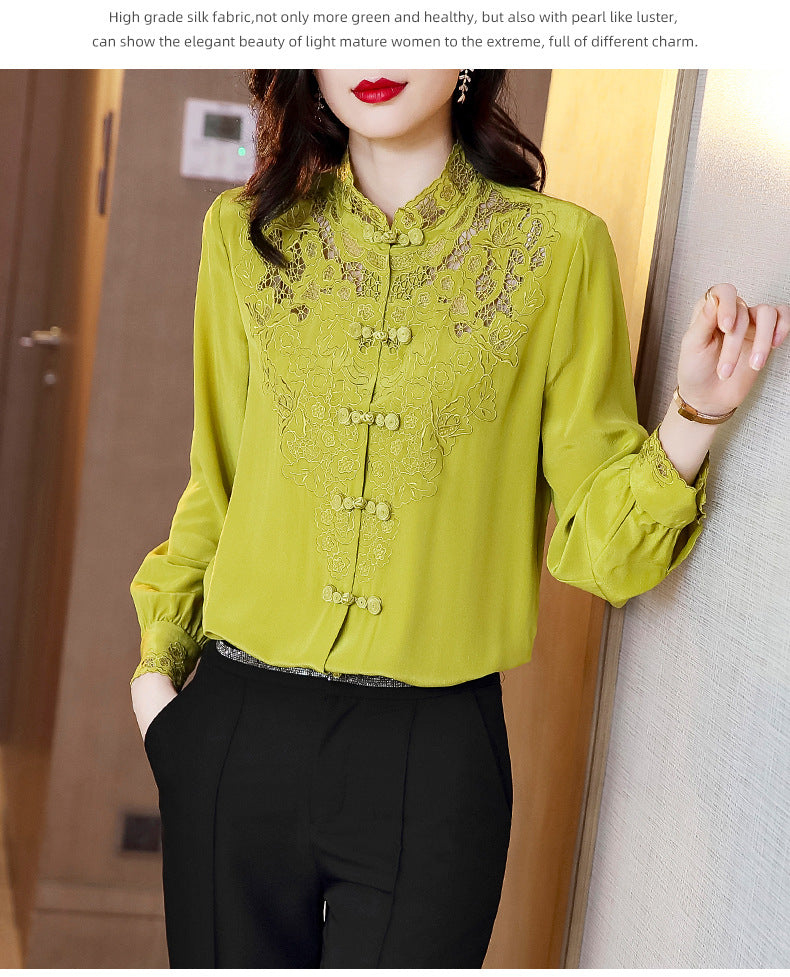 Embroidery Hollow Blouse Women Long Sleeve Imitation Silk Top Loose Vintage Shirt Plus Size - MERGE.DAY.1.FREESTYLE
