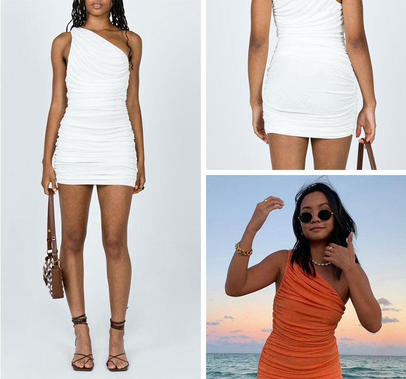 Elegant One Shoulder Party Dresses For Women Sleeveless Ruched Bodycon Dress Sexy Mini Summer Dress - MERGE.DAY.1.FREESTYLE