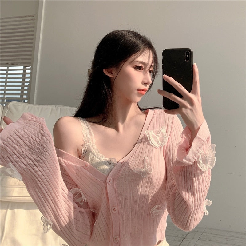 Butterfly Knit Cardigans Women V-Neck Crop Tops Ladies Summer Thin Long Sleeved - MERGE.DAY.1.FREESTYLE