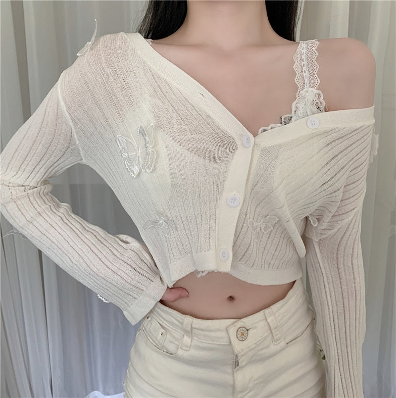 Butterfly Knit Cardigans Women V-Neck Crop Tops Ladies Summer Thin Long Sleeved - MERGE.DAY.1.FREESTYLE
