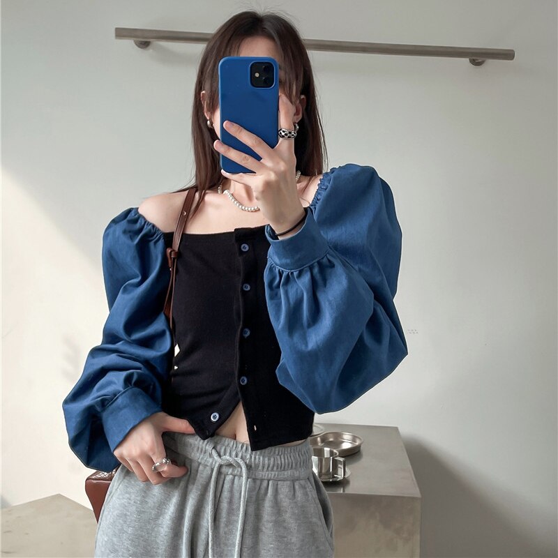 Patchwork Denim Shirts Women French Square Collar Puff Blouses Long Sleeve Crop Tops - MERGE.DAY.1.FREESTYLE