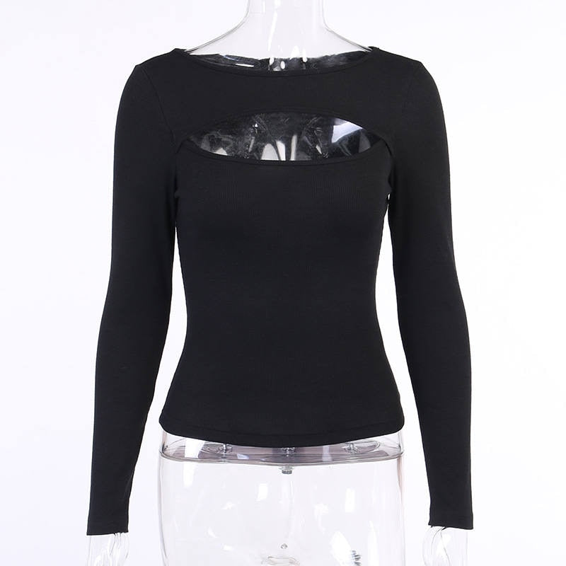 Sexy Hollow Out Slim Fit Long Sleeve Casual Round Neck Shirt Solid Black Tops T Shirt - MERGE.DAY.1.FREESTYLE
