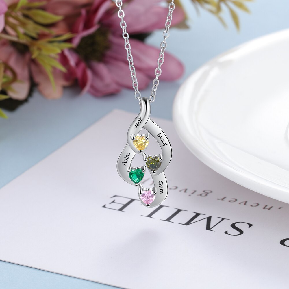 925 Sterling Silver Mother Necklace with 4 Custom Birthstones Name Heart Necklaces - MERGE.DAY.1.FREESTYLE