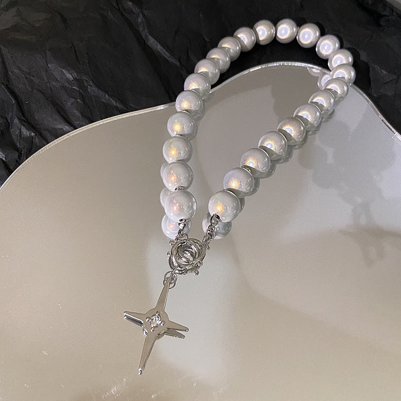 Luminous Beads Pearl Stitching Necklace Choker Cross Pendant Clavicle Sweet Party Jewelry - MERGE.DAY.1.FREESTYLE
