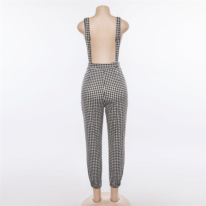 Women Straps Jumpsuits Ladies Summer Plaids Checked Playsuits Backless Outfits White&Black - MERGE.DAY.1.FREESTYLE